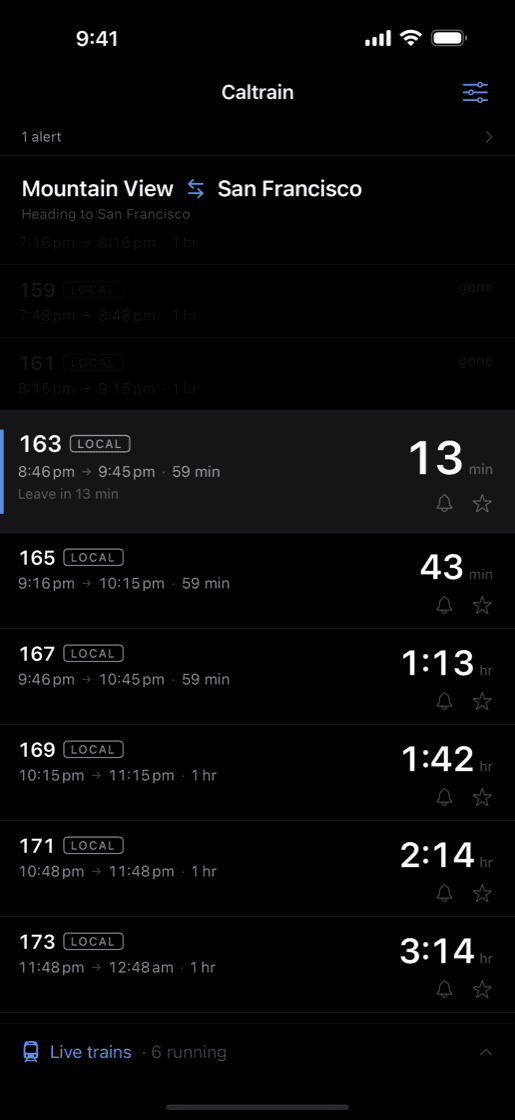 The departure board from Mountain View to San Francisco