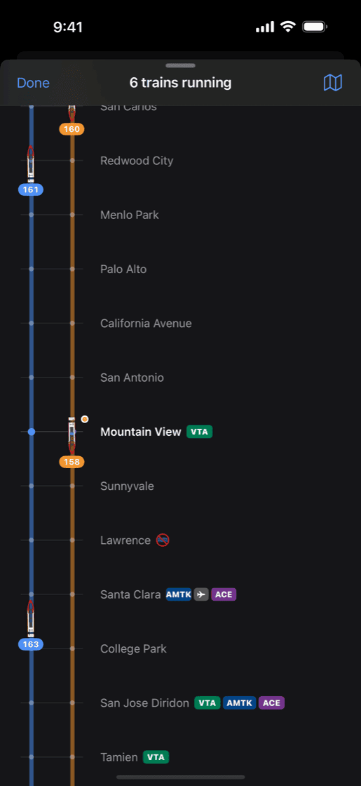 The app showing live trains against the line between stations