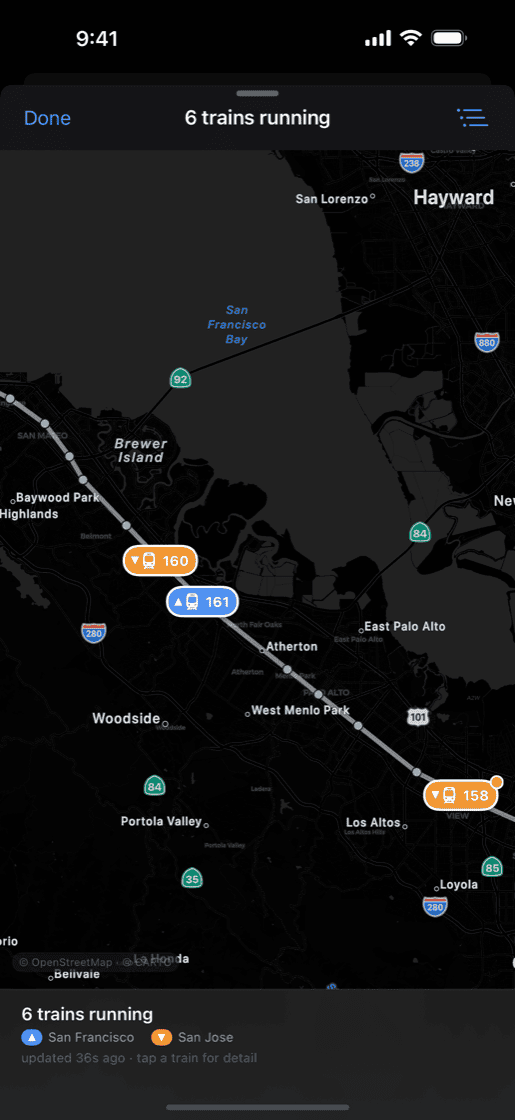 Live trains drawn on a map of the peninsula