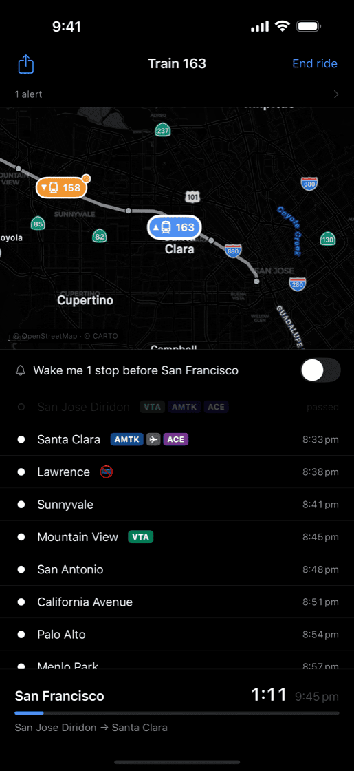 The ride screen with the alarm switch and the remaining stops