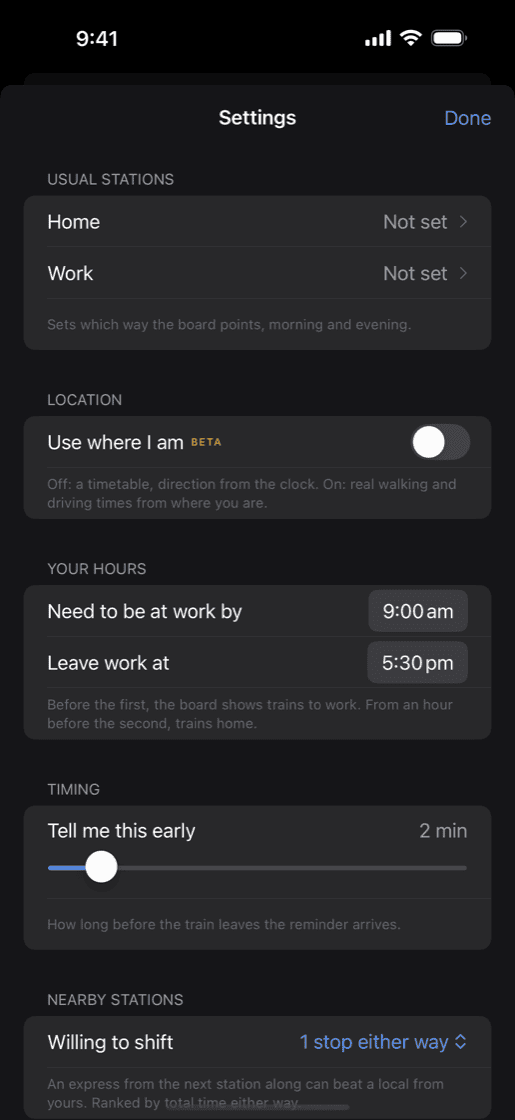 Settings, with the location switch turned off