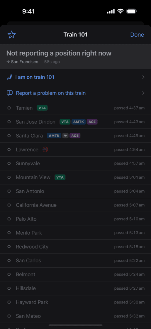 A single train's stops and arrival times